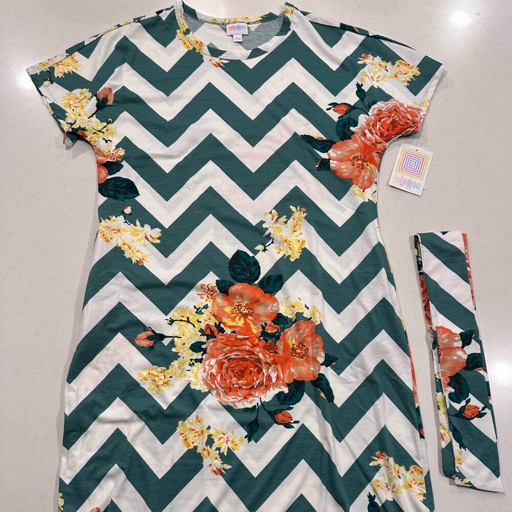 NWT LuLaRoe Marly Green & White Chevron Dress, Size Large